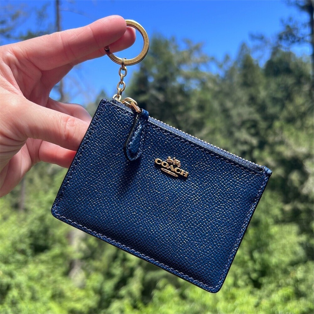 COACH Crossgrain Leather Blue Mini Skinny ID Case Keychain Wallet Gold Hardware